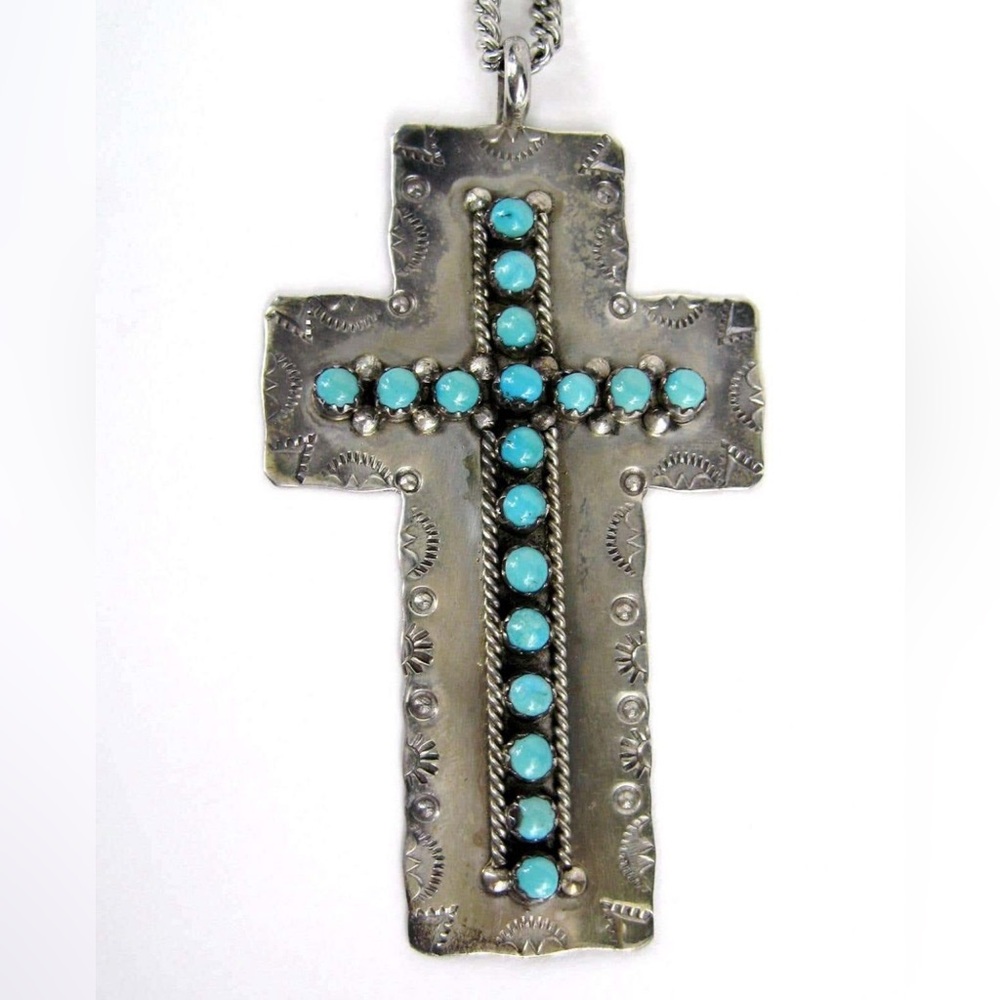 ZUNI Sterling Silver Turquoise Cross Pendant Necklace c. 1970 Signed JP Ukestine